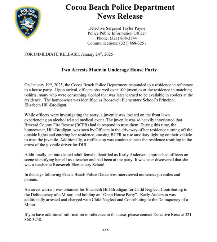 News release about a principal arrested after over 100 kids found drinking at her home during a house party.