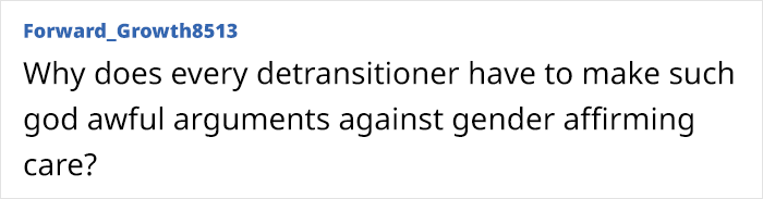 Online comment discussing detransition and gender-affirming care.