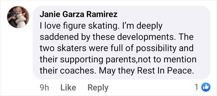 Comment expresses sadness for child ice skating duo, victims of D.C. crash, honoring their potential and supporting figures.