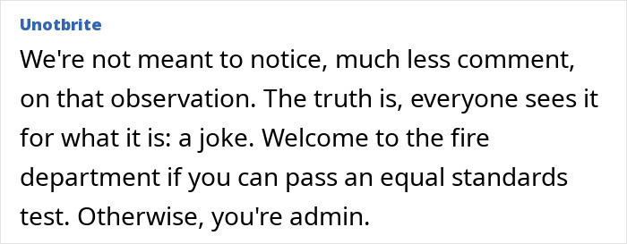 "Text discussing equal standards in the fire department amid controversy over female firefighter leaders' comments.