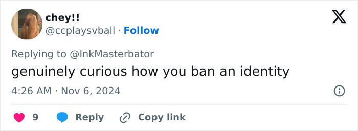 Tweet questioning identity bans related to transgender inclusion in women's sports.