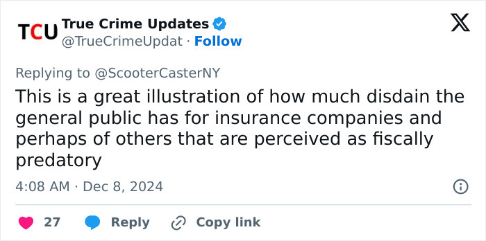 Tweet discussing public disdain for insurance firms, related to Brian Thompson homicide lookalike contest.