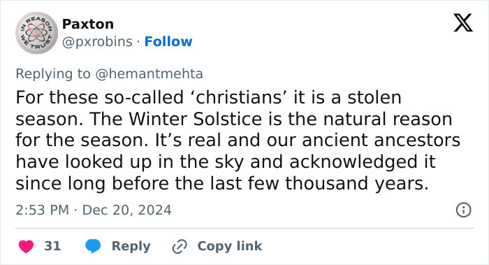 Tweet about the Winter Solstice and its historical significance by atheist group during the holiday season.