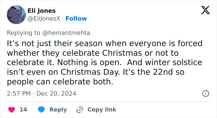 Tweet discussing the Christmas season and winter solstice in the context of holiday celebrations.