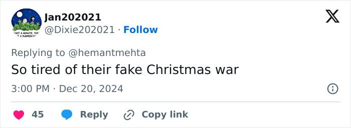Tweet criticizing the Christmas billboard war involving Christian and atheist groups, dated December 20, 2024.