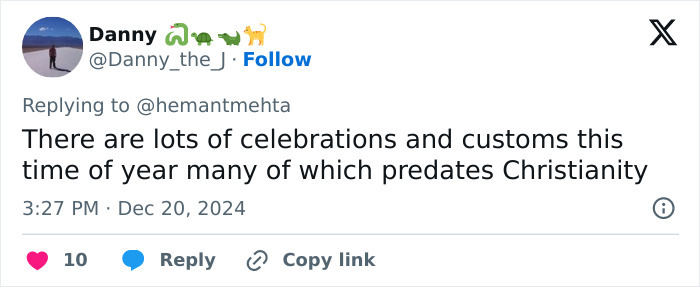 Tweet discussing various celebrations predating Christianity, posted by user Danny on December 20, 2024.