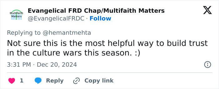 Tweet discussing Christian and atheist billboard exchanges during Christmas culture wars.