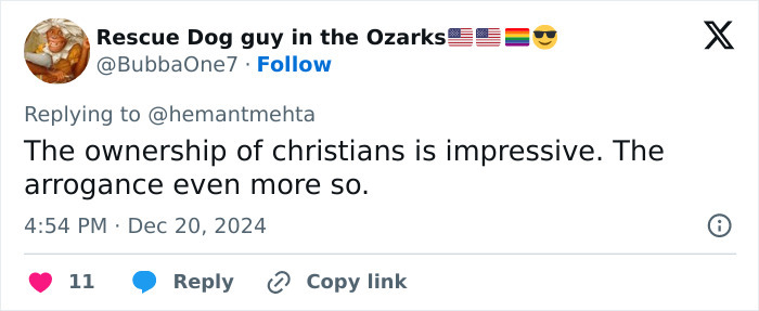 Tweet discussing Christian ownership and arrogance amid holiday billboard debate.