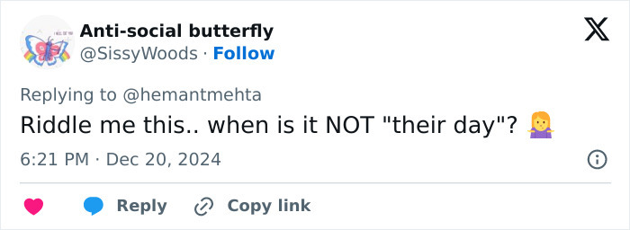 Tweet questioning "when is it NOT 'their day'?" related to holiday billboard discussions.