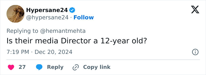 Tweet by Hypersane24 questioning the media director&rsquo;s age, related to a billboard war between Christian and atheist groups.