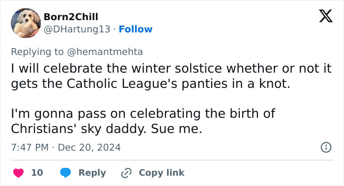 Tweet about winter solstice and not celebrating Christmas, part of billboard war between Christian and atheist groups.
