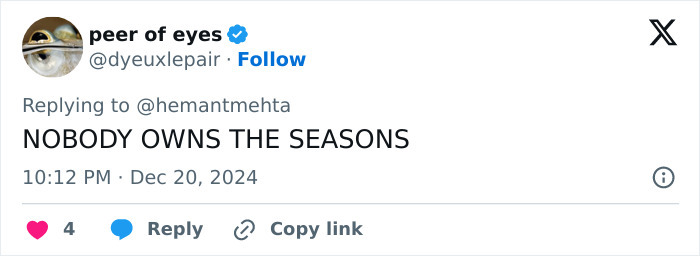 Tweet from a user expressing views on holiday season ownership.