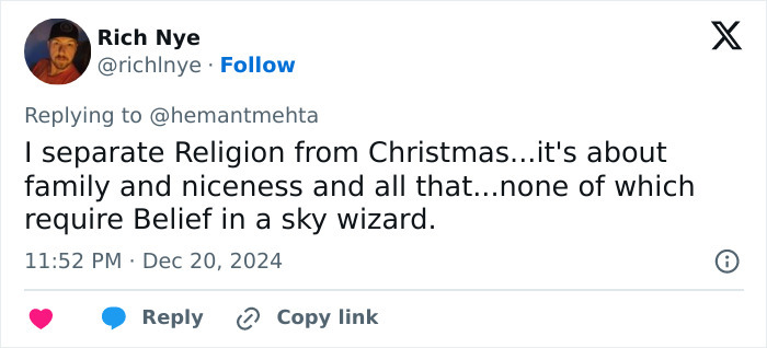 Tweet discussing religion's separation from Christmas, emphasizing family values, relevant to Christian and atheist billboard debate.