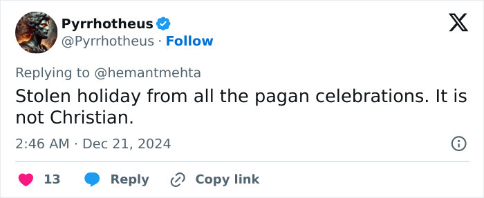 Twitter post discussing holiday origins and questioning Christian traditions.