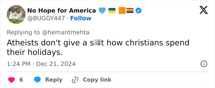 Tweet about Christians and atheists discussing holiday celebrations.