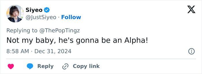 Tweet discussing Generation Beta with a humorous take, mentioning "Not my baby, he's gonna be an Alpha!