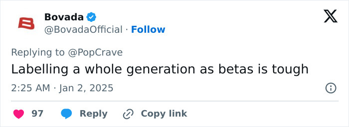Tweet joking about labeling Generation Beta, posted by BovadaOfficial.