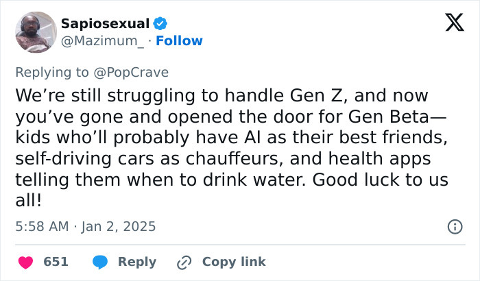 Tweet humorously discussing Generation Beta and Gen Z, mentioning AI friends and self-driving cars.