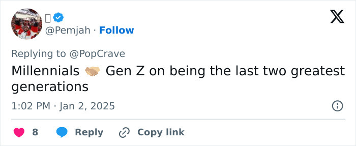 Tweet by user @Pemjah about Millennials and Gen Z as greatest generations, with engagement icons below.