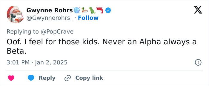 A tweet humorously commenting on Generation Beta, referencing their status after Generation Alpha.