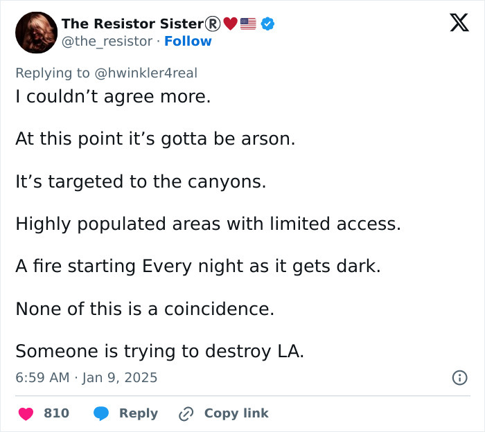 Tweet discussing arson, LA wildfires, and Henry Winkler's theory about the events being targeted.