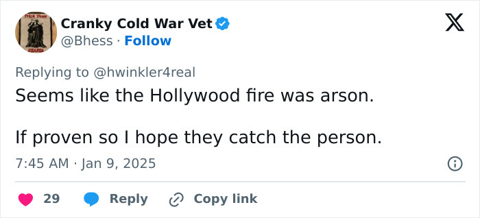 Tweet discussing Hollywood fire possibly being arson, aligning with Henry Winkler's theory about LA wildfires.