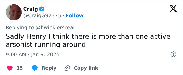 Tweet discussing multiple arsonists during LA wildfires, referencing Henry Winkler's theory.