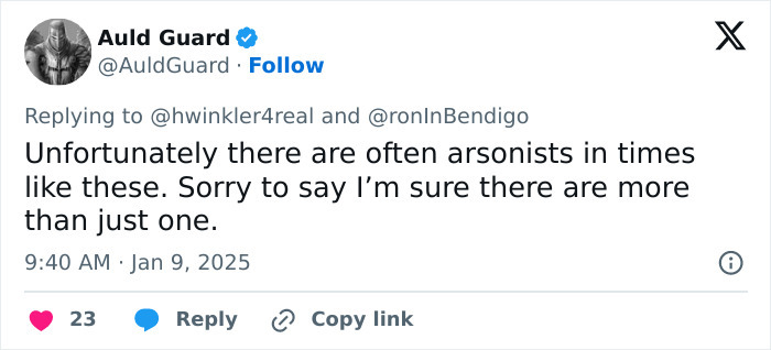 A tweet discussing the presence of arsonists during the LA wildfires.