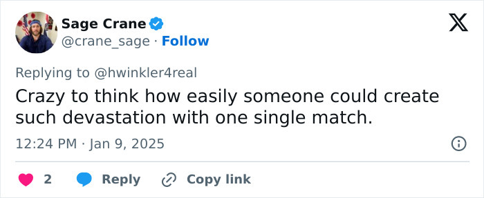 Tweet by Sage Crane discussing arsonists' impact during LA wildfires.