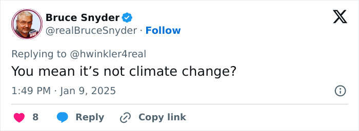 Screenshot of a tweet questioning if arsonists, not climate change, are responsible for LA wildfires.