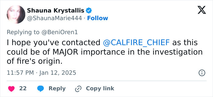 Tweet addressing a fire's origin investigation related to young men filmed at the starting point in La Palisades.