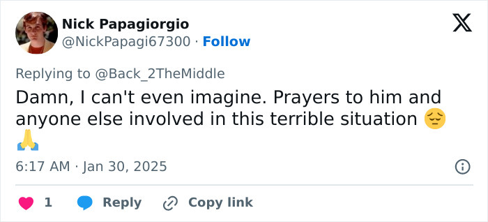 Tweet expressing sympathy and prayers related to a devastating DC American Airlines plane crash.