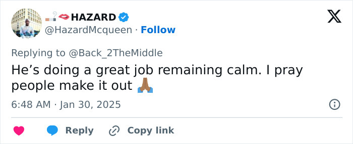 Tweet expressing calm and hopeful prayers before American Airlines plane crash in DC.