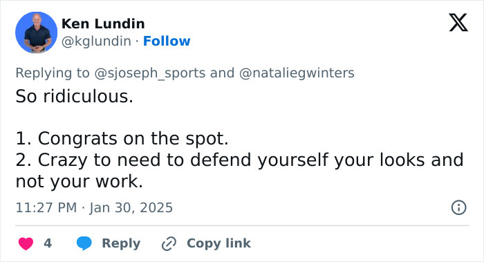 Social media post discussing the controversy over a White House correspondent's improper outfits.