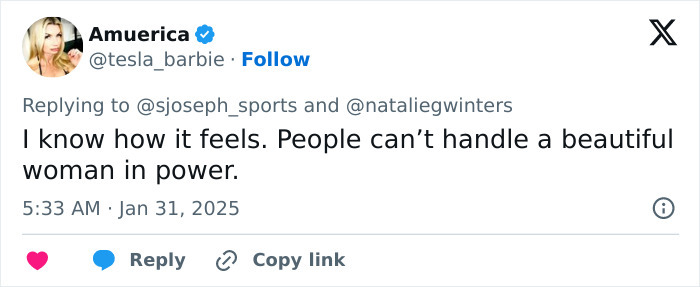 Tweet supporting controversial White House correspondent talking about power and beauty.