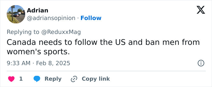 Tweet by Adrian discussing transgender inclusion in women's sports.