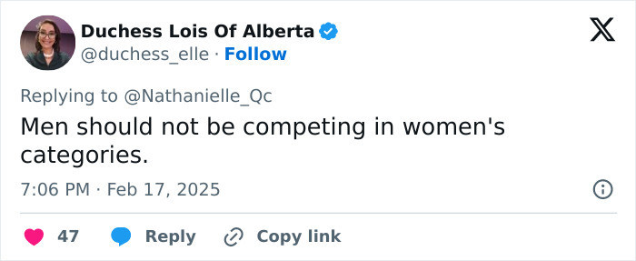 Tweet expressing viewpoint on transgender inclusion in women's sports.