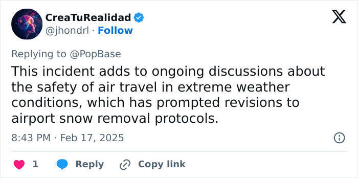 Tweet discussing airline safety and weather impact, related to a Delta Airlines crash landing incident.
