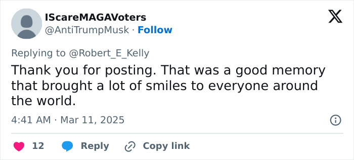 Tweet responds to "BBC Dad" nostalgia, thanking for memorable smiles worldwide.