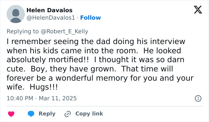 Tweet recalling viral "BBC Dad" interview, expressing nostalgia and noting how the kids have grown.