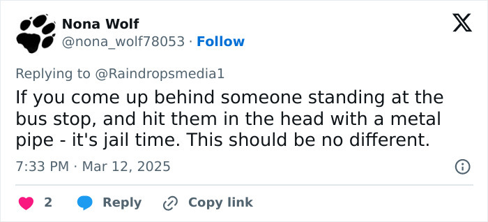 Tweet about viral baton incident, discussing consequences of a similar assault with a metal pipe.