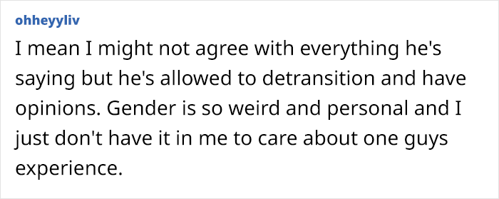 Comment discussing detransition and gender identity.