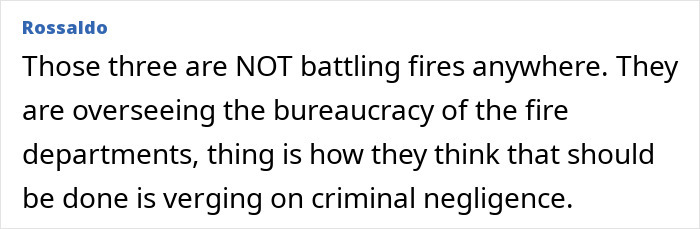 Comment criticizing female firefighter leaders in a text box.