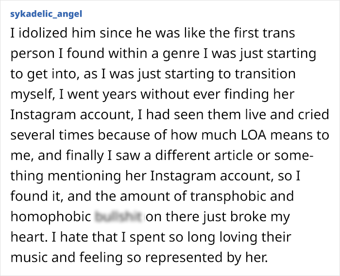 Text expressing disappointment over a rock singer's statements on detransitioning, mentioning feelings of betrayal.