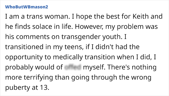 Text from trans woman addressing singer's comments on transgender youth, expressing hope and sharing transition experience.