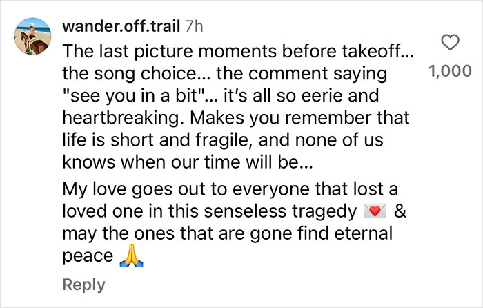 Emotional tribute comment sharing thoughts on life and loss, reflecting grief over teen skaters' tragic plane crash.