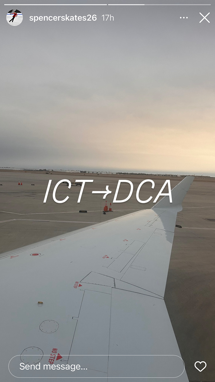 Wing view from an airplane window with text "ICT&rarr;DCA," linked to teen skaters&rsquo; heartbreaking photos.