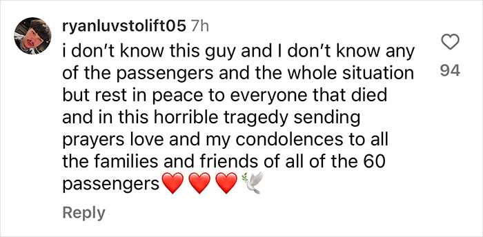 Condolence message from a user expressing grief over teen skaters and tragic DC plane crash.