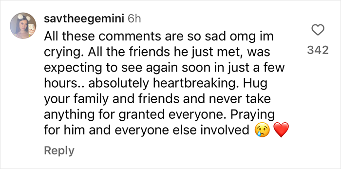 Instagram comment grieving over heartbreaking photos by teen skaters before DC crash, expressing sadness and loss.