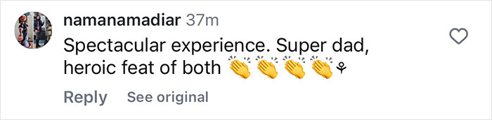 Instagram comment praising son's survival story after whale encounter, calling it a heroic feat.